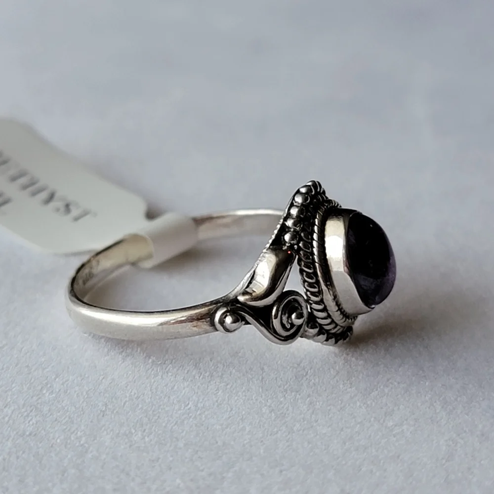 Amethyst Sterling Silver Dahlia Ring Oval Cabochon Filigree Crystal Gemstone